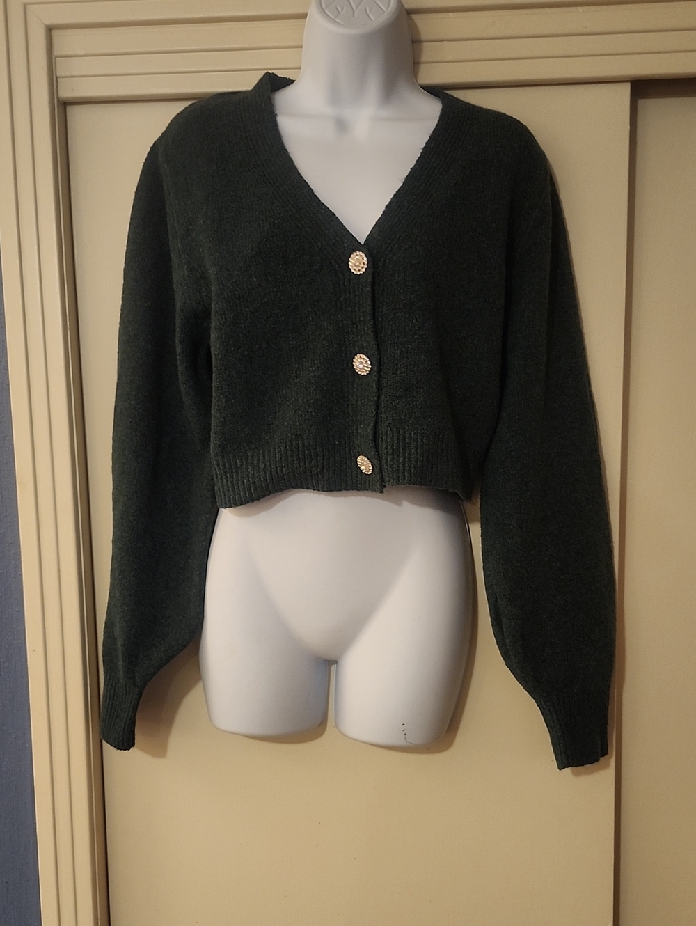 Double Zero Cropped V-Neck Dark Green Cardigan with Rhinestone Buttons